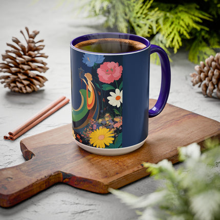 The Lady And The Crimson Moonbird Colorful Mugs – Art Deco Whimsical Garden Elegance