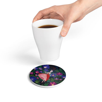 🌺✨ The Lady Of The Starlit Enchanted Garden Ceramic Coaster – Art Deco Floral Fantasy