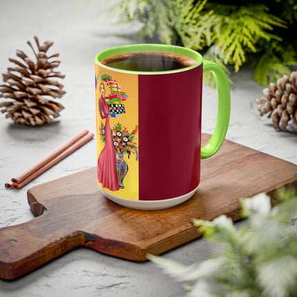 Elegant Holiday Woman with Gifts Colorful Mugs (11oz, 15oz)