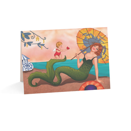 Mermaid with Parasol and Cupid by George Barbier Greeting Cards (1, 10, 30, and 50pcs)