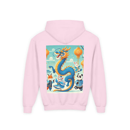 Blue & Gold Dragon Festival Parade Youth Hooded Sweatshirt – Joyful Celebration & Cultural Magic