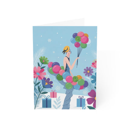 🎈❄️ The Lady Of The Winter Balloons Greeting Card – Art Deco Holiday Whimsy