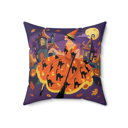 🐈‍⬛🎃 The Black Cat Witch Of Pumpkin Manor Square Pillow – Whimsical Halloween Charm