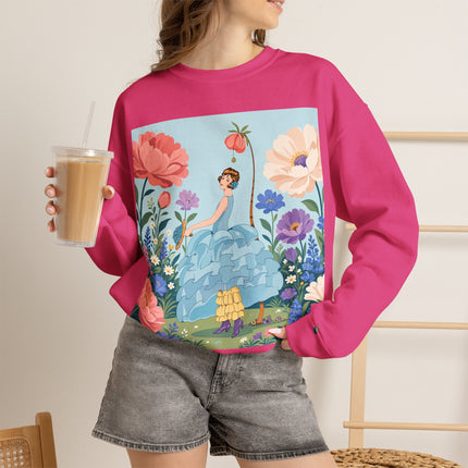 🌸🩵 The Blue Ruffle Garden Crewneck Sweatshirt – Art Deco Floral Whimsy