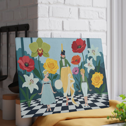 🌺🎩 The Lady And Children Of The Grand Flower Garden Glass Cutting Board – Art Deco Fashion Whimsy
