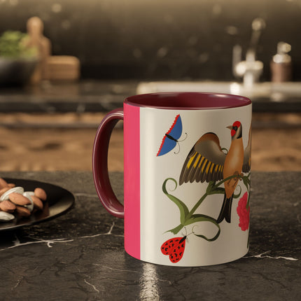 Goldfinch & Pink Flowers Colorful Mugs – Vibrant Spring & Bold Beauty
