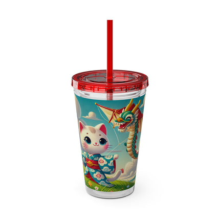 Geisha Kitten and the Dragon Kite Sunsplash Tumbler with Straw, 16oz