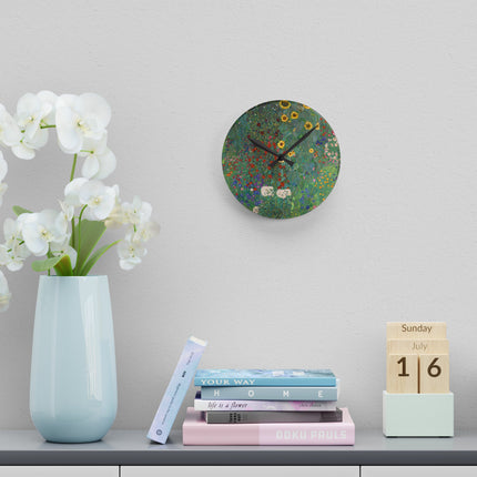 Farm Garden with Sunflowers by Gustav Klimt Acrylic Wall Clock, Round and Square