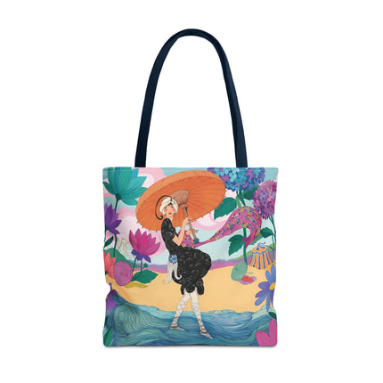 ☂️🌺 The Lady Of The Seaside Parasol Tote Bag – Art Deco Floral Fashion
