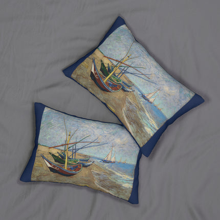 Fishing Boats on the Beach at Saintes-Maries by Vincent Van Gogh Spun Polyester Lumbar Pillow