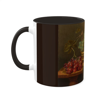 Basket of Grapes and a Pomegranate on a Table by Jacob van Hulsdonck Colorful Mugs, 11oz