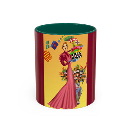 Elegant Holiday Woman with Gifts Colorful Mugs (11oz, 15oz)
