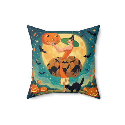 🦇🎃 The Witch Of Batwing Pumpkin Hollow Square Pillow – Moonlit Halloween Char