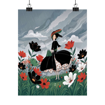 🌧️🌺 The Lady Of The Rainy Flower Meadow Matte Vertical Poster – Art Deco Floral Whimsy