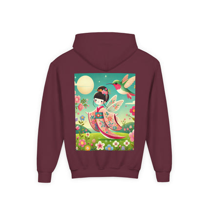 Geisha Fairy and the Hummingbird Blossom Youth Hooded Sweatshirt – Cozy Magic in Bloom