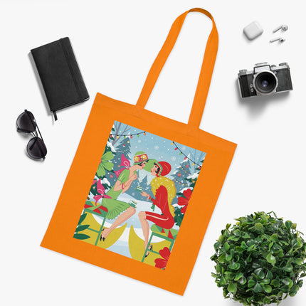 🎄☕ Christmas Tea In The Snow Garden Cotton Tote Bag – Art Deco Holiday Friendship