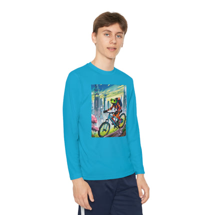 Cyberpunk Frog Youth Long Sleeve Competitor Tee – Neon Trails & Futuristic Adventure