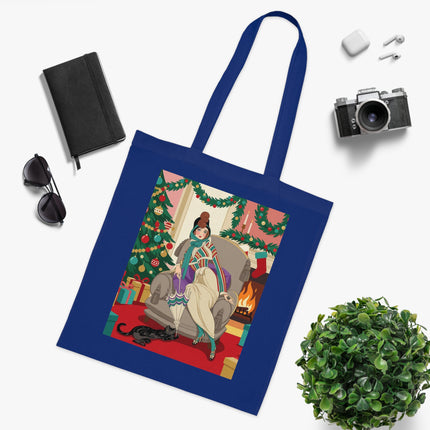 🔥🎄 The Lady Of The Christmas Hearth Cotton Tote Bag – Art Deco Holiday Warmth