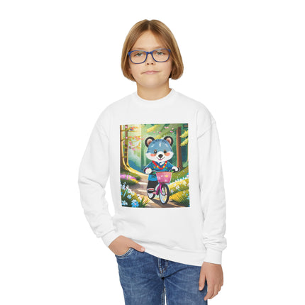Furry Cyclist Youth Crewneck Sweatshirt – Playful Adventure on Two Wheels
