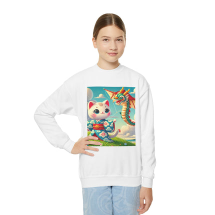 Geisha Kitten and the Dragon Kite Youth Crewneck Sweatshirt – Freedom, Motion & Playful Spirit