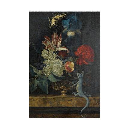 Dutch Baroque Still Life Puzzle — Tulips, Butterfly & Lizard (110–1014 pcs)