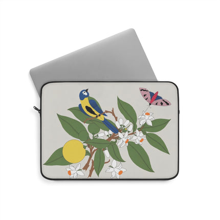 Blue Tit & Butterfly Laptop Sleeve – Elegant Charm & Springtime Grace