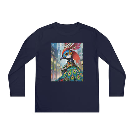 Techno Plumes Youth Long Sleeve Competitor Tee – Futuristic Elegance & Neon Feathers