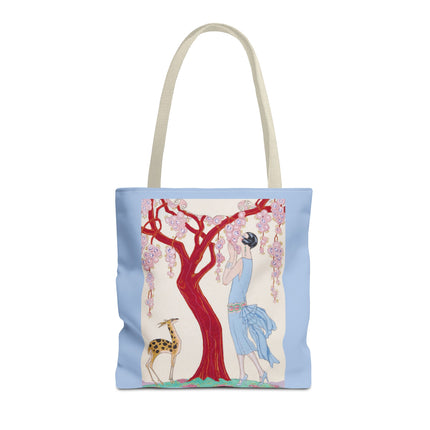 Woman, Fawn, and Red Tree by George Barbier Tote Bag (AOP)