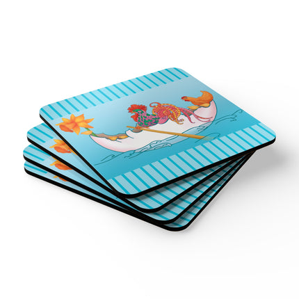 A Rooster's Seafaring Adventure Corkwood Coaster Set
