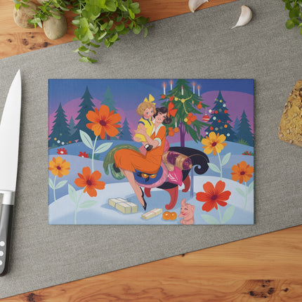 🎄🌸 Christmas Morning Embrace Glass Cutting Board – Whimsical Holiday Fantasy