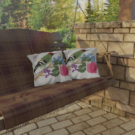 Woodpecker & Rose Outdoor Pillows – Vibrant Nature & Timeless Charm