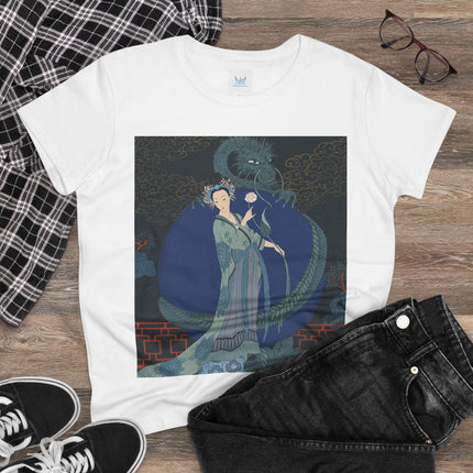 🐉🪷 The Lady Of The Lotus Dragon Cotton Tee – Art Deco Asian Fantasy