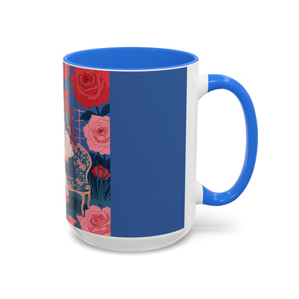 The Lady And The Scarlet Macaw Colorful Mugs – Art Deco Floral Elegance