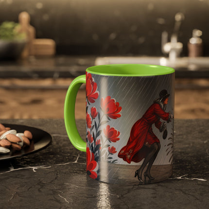 ☔🌹 The Scarlet Rainstorm Promenade Colorful Mug – Art Deco Motoring Elegance