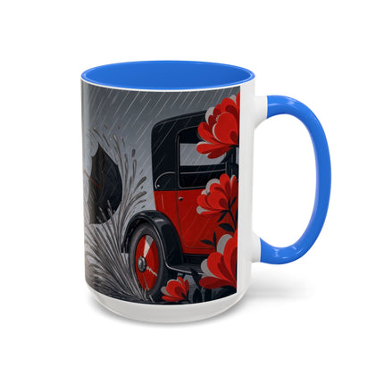 ☔🌹 The Scarlet Rainstorm Promenade Colorful Mug – Art Deco Motoring Elegance