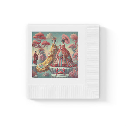 Cherry Blossom Courtesans & Crimson Crab White Coined Napkins – Imperial Elegance & Playful Charm