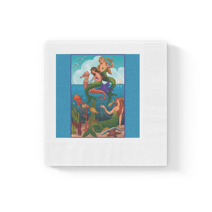 Three Mermaids with Strings of Pearls by Carlo Chiostri White Coined Napkins