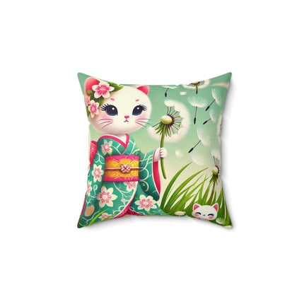Geisha Kitten and the Dandelion Wish Spun Polyester Square Pillow