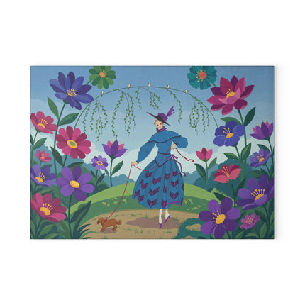 🌸🐕 The Lady Of The Flower Walk Glass Cutting Board – Art Deco Garden Elegance