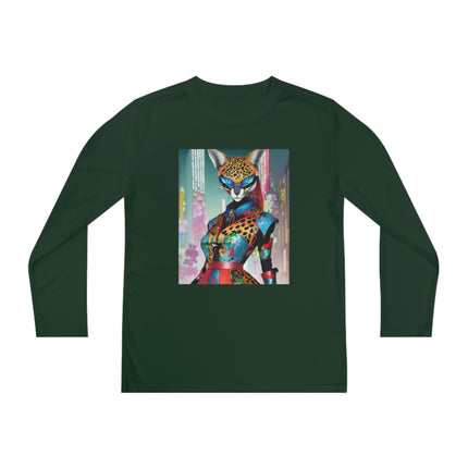 Cyber Cat Glamour Youth Long Sleeve Competitor Tee – Neon Elegance & Futuristic Style