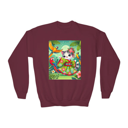 Parrot Dance of the Geisha Kitten Youth Crewneck Sweatshirt – Color, Rhythm & Joyful Expression