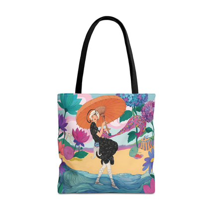 ☂️🌺 The Lady Of The Seaside Parasol Tote Bag – Art Deco Floral Fashion