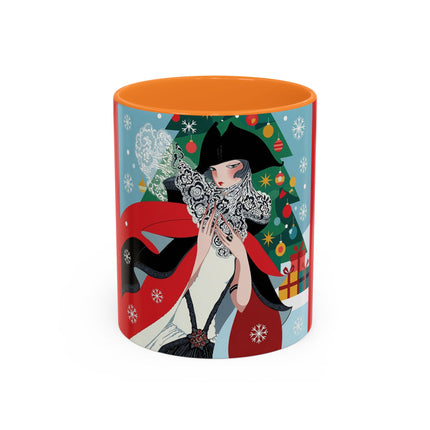 ❤️ The Lady Of The Crimson Scarf Colorful Mug – Art Deco Christmas Elegance