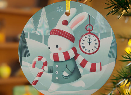 Candy Cane Timekeeper Bunny Glass Ornament