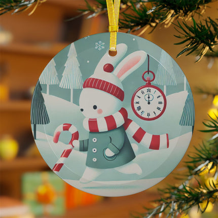 Candy Cane Timekeeper Bunny Glass Ornament