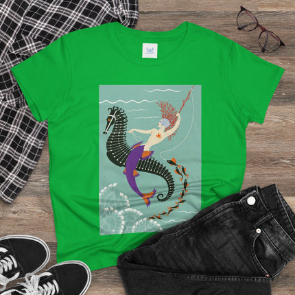 Mermaid on Seahorse Women's Midweight Cotton Tee – Dreamy Ocean Fantasy