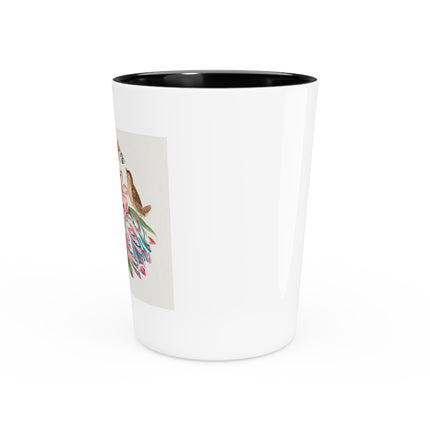 Pair of Brown Birds on Bouquet with Tulip, Rose, Snapdragons, and Butterflies by Anonymous Ceramic Shot Glass