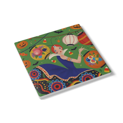 🏮🎃 The Lady Of Halloween Lanterns Ceramic Coaster – Colorful Art Deco Halloween Charm
