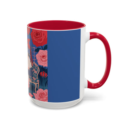 The Lady And The Scarlet Macaw Colorful Mugs – Art Deco Floral Elegance