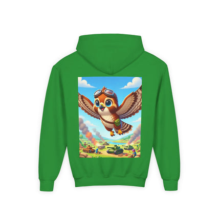Red-Tailed Hawk in Battle Youth Hooded Sweatshirt – Flight, Courage & High-Flying Adventure